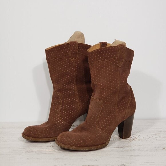Born  Brown Suede Leather Heeled Booties  Women's Size 7   Dot pattern - Picture 1 of 10